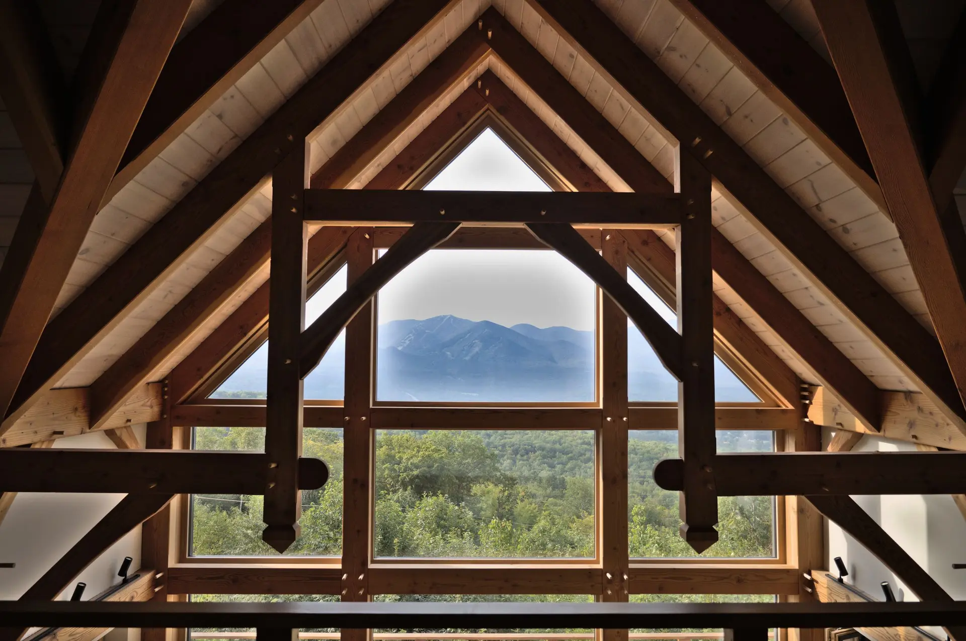 Timber roof trusses framing a mountain view through tall windows