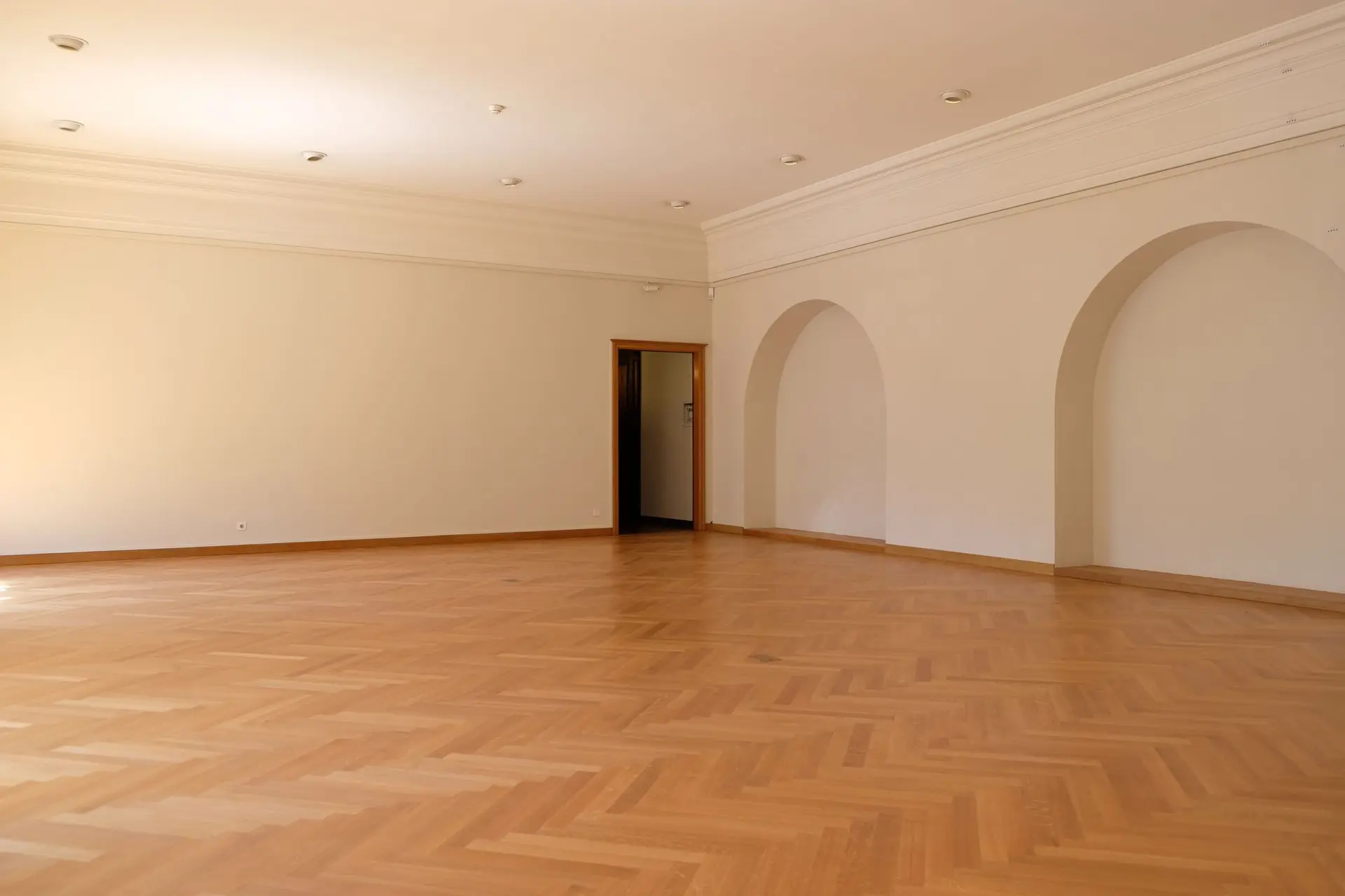 Empty room with a wood parquet floor and arched openings